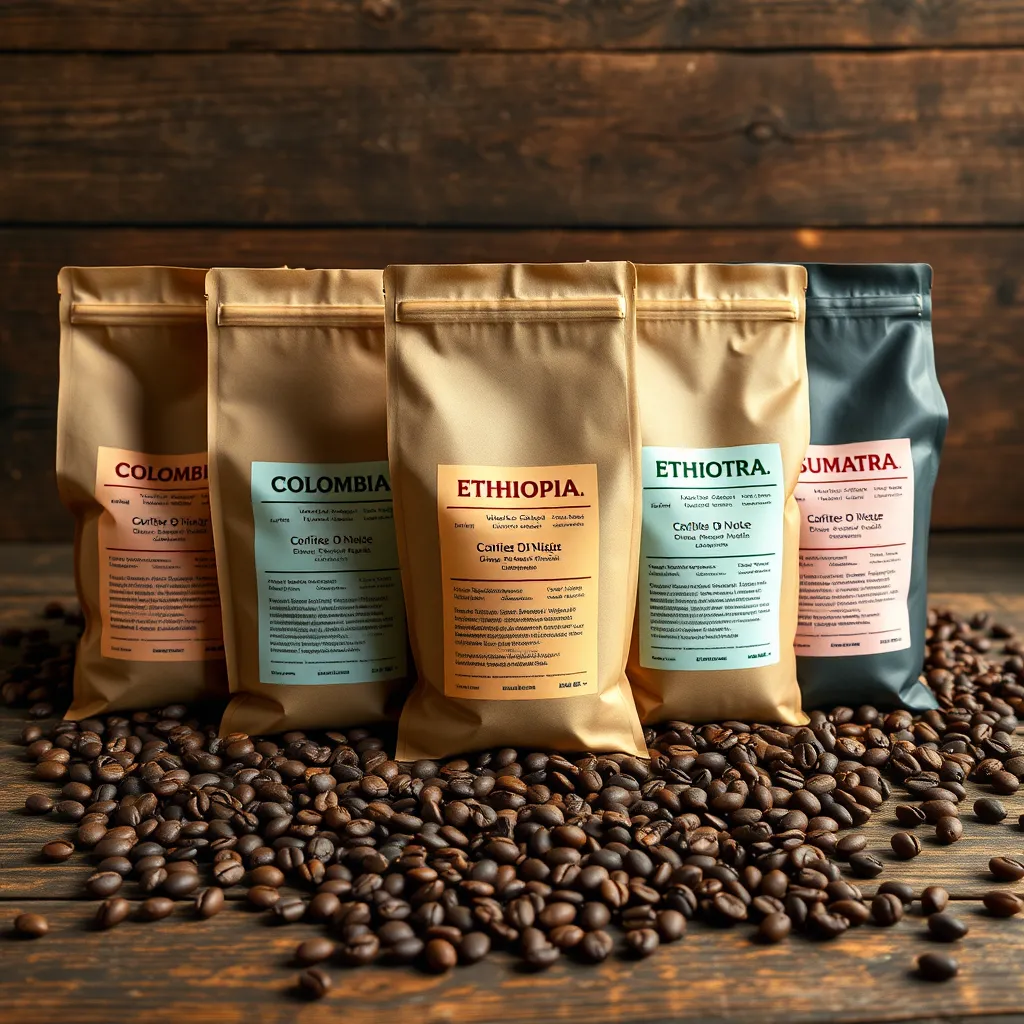 An array of coffee bean bags from different regions like Colombia, Ethiopia, and Sumatra, displayed on a rustic wooden table. Each bag is labeled with origin and flavor notes, surrounded by scattered raw coffee beans, conveying a sense of diversity and quality.