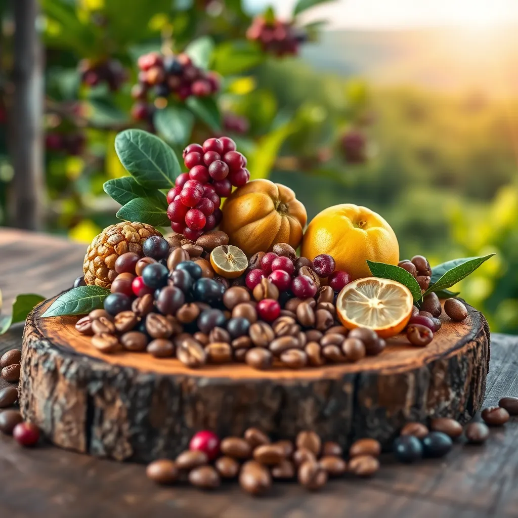 An artistic arrangement displaying a variety of coffee beans, coffee fruit, and antioxidants, like berries and green tea leaves, on a rustic wooden board. A vibrant backdrop with a blurred view of a sunny coffee plantation adds depth to the composition.