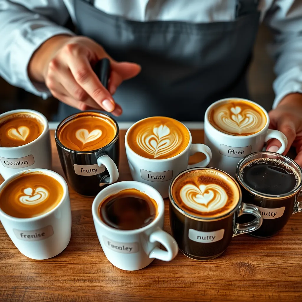 An artistic arrangement of brewed coffee cups showcasing different blends, each labeled with flavor notes like 'chocolatey', 'fruity', and 'nutty'. Include a barista's hands in the frame, crafting latte art that reflects the essence of each blend, emphasizing creativity and expertise.