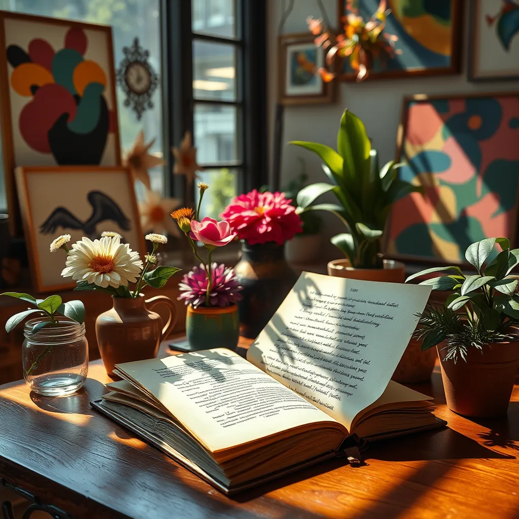An artistic composition featuring a beautifully crafted open book of poetry on a cafe table, surrounded by vivid art pieces and colorful plants. The scene exudes creativity and inspiration, with sunlight streaming in, illuminating the handwritten poems and abstract forms around.