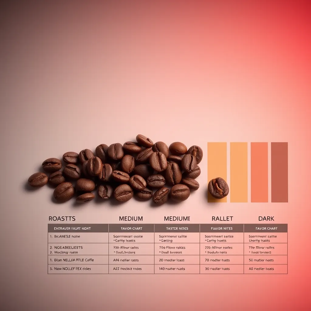 An artistic representation of coffee beans at various roast levels: light, medium, and dark. Display them on a gradient background that illustrates the progression of roasting, with a tasting chart beside them showing flavor notes associated with each roast level.