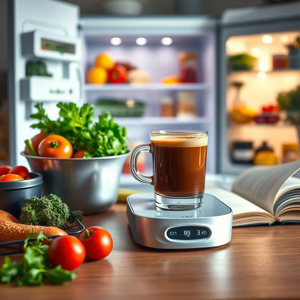 An inspiring kitchen setting with a weighing scale, fresh ingredients, and a cup of bulletproof coffee prominently displayed. The background shows a clear fridge filled with healthy foods and an open recipe book, symbolizing a weight management journey.
