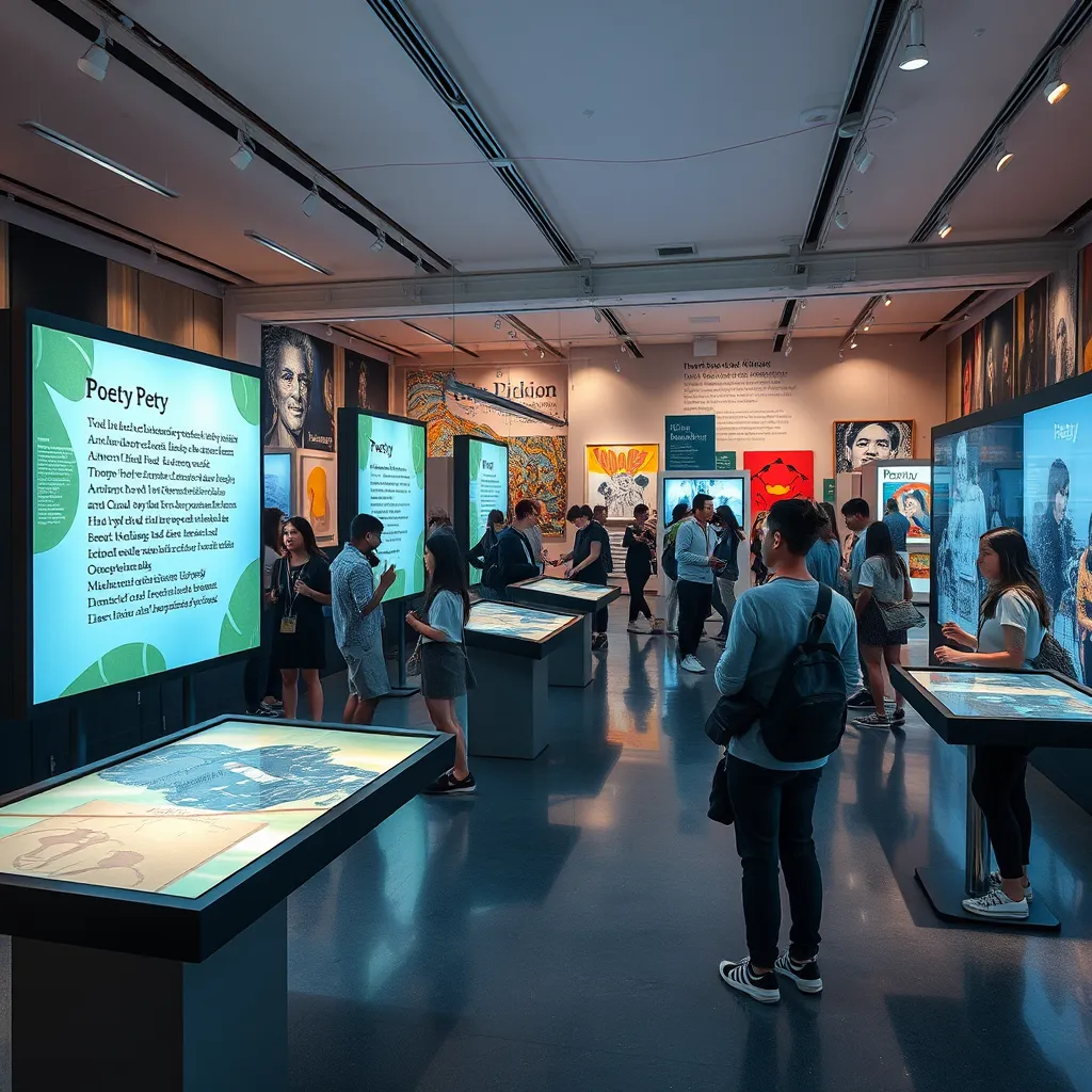 An interactive exhibit space where visitors engage with digital screens displaying poetry and animations. People are seen interacting with touchscreens and augmented reality installations, with a backdrop of modern art pieces, creating a lively atmosphere full of exploration.