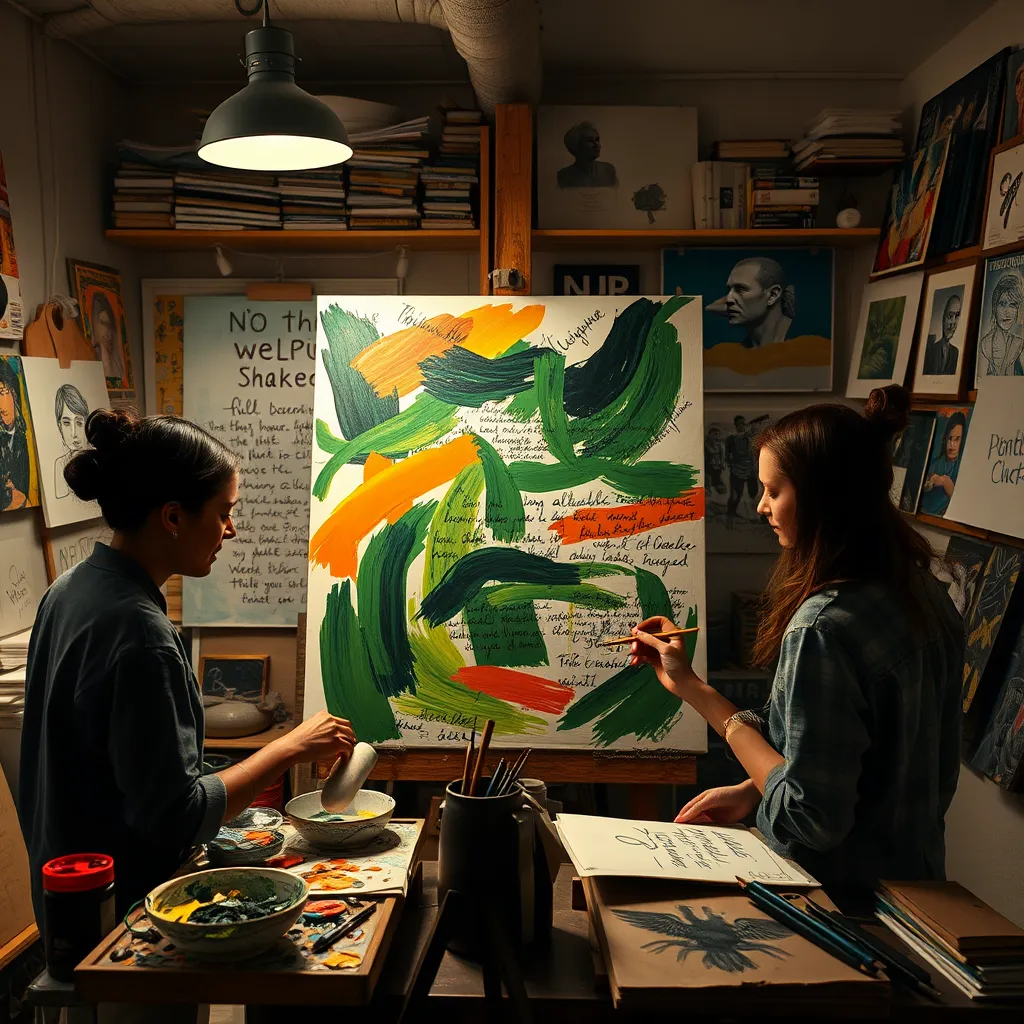 An intimate studio setting where artists are collaborating on a canvas filled with bold strokes of paint interspersed with handwritten poetry. The composition captures two artists, one mixing paint while the other sketches with charcoal, surrounded by half-finished pieces and inspiration boards. The soft diffused lighting from overhead lamps creates a cozy yet focused atmosphere, casting gentle shadows that accentuate the textures of their work. The vibrant color palette includes deep greens and bright oranges, giving a lively edge to the mood. The camera angle is a close-up on the canvas and hands at work, conveying creativity in action. Textures of paint, charcoal, and paper create a tactile component, while environment includes shelves overflowing with art supplies and books. The studio walls are adorned with various art pieces, reflecting a mix of styles. The overall aesthetic is reminiscent of an intimate art session, aiming for ultra-detailed rendering in 8K resolution, focusing on craftsmanship and passion.