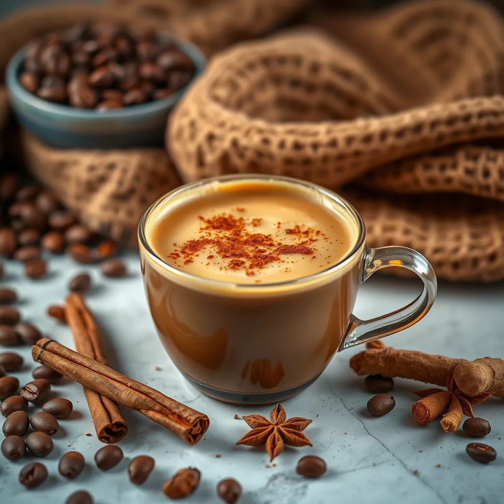 An inviting scene of a steaming bowl of spiced Bulletproof Coffee topped with a dash of cinnamon, on a beautifully arranged table. Various spices such as cinnamon sticks and turmeric roots are artistically placed around the cup, complemented by a backdrop of fresh coffee beans and warm, cozy textiles.