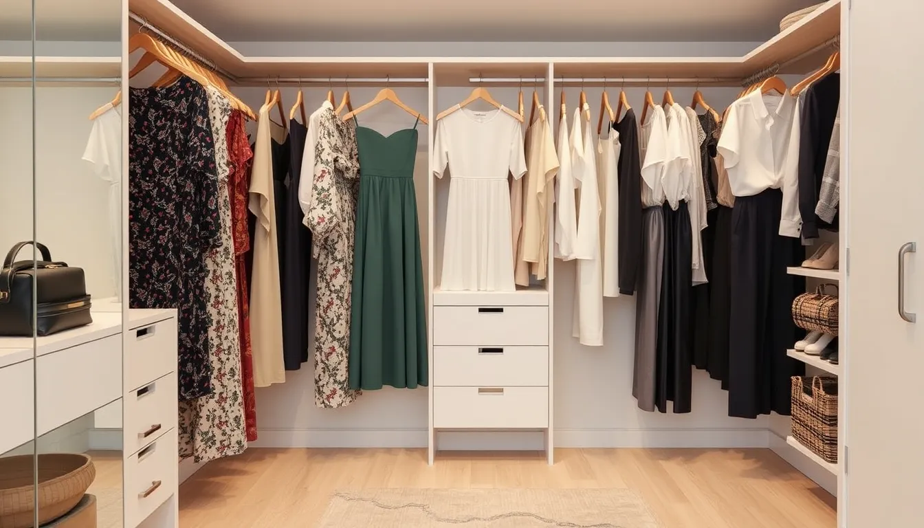 An elegant display of high-end preowned clothing such as designer dresses and handbags in a luxurious boutique environment. The setup reveals a chic, well-organized aesthetic, with price tags clearly showing discounts and brand labels visible.