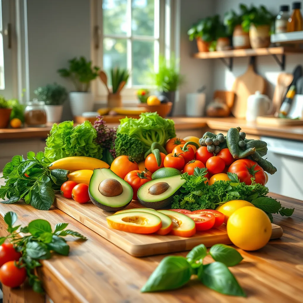 Create a photorealistic, ultra-high quality header image for an online store focused on healthy living. The composition should feature a vibrant and inviting kitchen scene filled with fresh, colorful fruits and vegetables artfully arranged on a wooden table. Incorporate elements such as a smooth, organic bamboo cutting board with sliced avocados, vibrant tomatoes, and leafy greens. Use natural lighting flowing in through a window, creating a soft and warm atmosphere that evokes comfort and health. The color palette should consist of rich greens, yellows, and reds to emphasize freshness and vitality. Capture the scene from a slightly elevated angle to showcase the abundance and variety of produce. Textures should include the glossiness of the fruits and the rustic feel of the wooden table. As a background, include a cozy kitchen environment with potted herbs, a spice rack, and utensils. The style should reflect a modern, clean aesthetic with organic touches, and the technical specifications are 8K resolution and hyperrealistic details., ultra high resolution, photorealistic, 8K, hyperdetailed, cinematic lighting