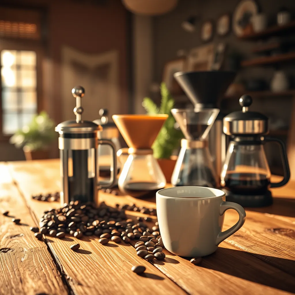 Create a photorealistic header image for a coffee review blog. The composition should feature a rustic wooden table with various coffee brewing methods laid out, including a French press, pour-over, and espresso maker. Use warm, soft lighting to enhance the inviting and cozy atmosphere, casting gentle shadows that create depth. The color palette should consist of rich browns, creamy whites, and muted greens, conveying an earthy and organic feel. Capture the scene from a slightly elevated angle, allowing the viewer to see the textures of the coffee beans and the equipment. Highlight the smoothness of the wood grain on the table and the shiny metallic surfaces of the coffee makers. Include atmospheric elements, such as a soft-focus window in the background with sunlight streaming in, and a steaming coffee cup prominently placed in the foreground. Incorporate relevant props like coffee beans scattered around and a small potted plant for warmth. Reference the style of lifestyle magazines with a cozy café vibe. Ensure the final image is in 8K resolution, hyperrealistic, and captures the richness of the coffee culture., ultra high resolution, photorealistic, 8K, hyperdetailed, cinematic lighting