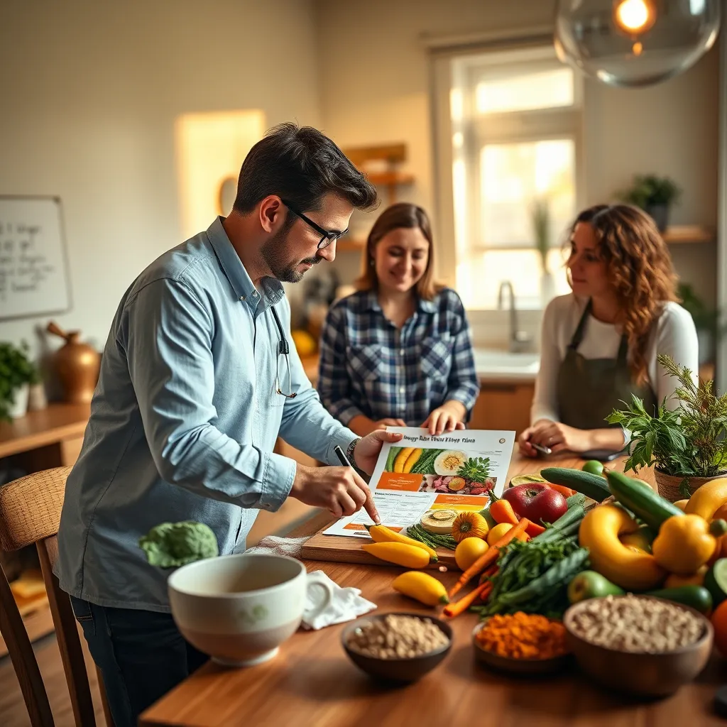 Create a photorealistic image of a nutritionist consulting with a client in a bright, inviting kitchen. The nutritionist is pointing at a colorfully arranged meal plan on a wooden table, surrounded by fresh fruits, vegetables, and whole grains. Soft diffused lighting enhances the warmth of the setting, creating a welcoming atmosphere. The color palette consists of greens, yellows, and earth tones, evoking a sense of freshness and health. The camera is angled slightly above eye level, giving a clear view of both the client and the meal plan. The texture of the wood and the freshness of the produce should be highly detailed, reflecting a holistic lifestyle. Include details like a whiteboard with healthy tips in the background. The style should be hyperrealistic, optimized for 8K resolution, showcasing the richness and vibrancy of healthy food.