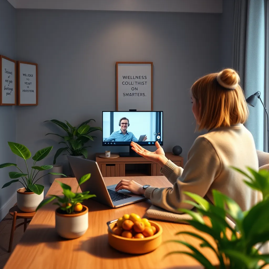 Design a photorealistic image showcasing an online health coaching session. The scene features a coach in a modern home office, confidently engaging via a laptop with a client on the screen. Soft, ambient lighting fills the room, creating a serene and focused environment. The color scheme leans towards calming blues and greens, promoting wellness. The camera is positioned to capture both the coach's expressive gestures and the vibrant plant life on their desk, adding a natural touch. The office should have textures like smooth wood surfaces and cozy textiles, contributing to a warm atmosphere. Include elements like motivational quotes framed on the wall and healthy snacks on the desk for an extra touch. Render this in hyperrealistic detail, aiming for 8K resolution, to convey clarity and engagement.
