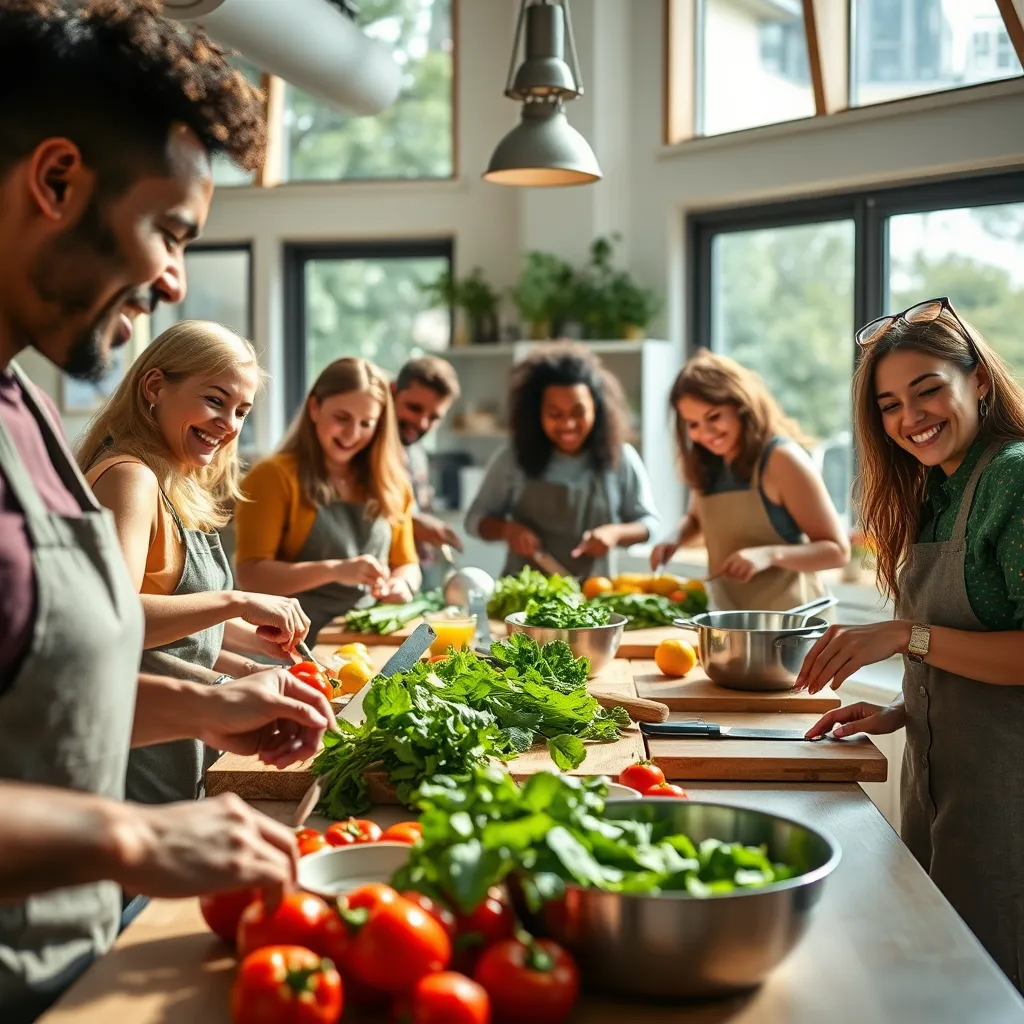 Generate a vibrant image of a cooking workshop in action. A diverse group of participants, fully engaged, are gathered around a bustling kitchen island, chopping vegetables and stirring pots. Bright, natural light streams through large windows, illuminating the workspaces and highlighting the colorful ingredients like bell peppers, leafy greens, and herbs. The mood is lively and collaborative, with smiles and laughter evident on the participants' faces. The camera perspective is at eye level, capturing the dynamic interactions and the textures of the ingredients. Include props like cutting boards, bowls, and cooking utensils to add detail. Aim for an ultra-detailed, photorealistic representation, ensuring clarity in the food's textures and the inviting kitchen environment, rendered in 8K resolution.