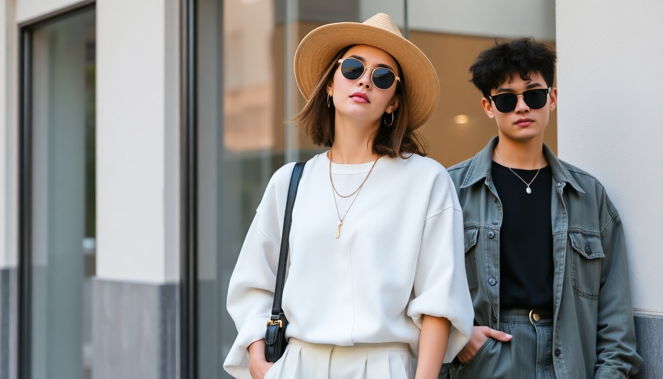 A friendly, bustling marketplace scene with a variety of shoppers exploring stalls filled with preowned clothing. Bright mannequins display trendy outfits, while price tags show attractive discounts. The ambiance reflects a vibrant community and affordability.