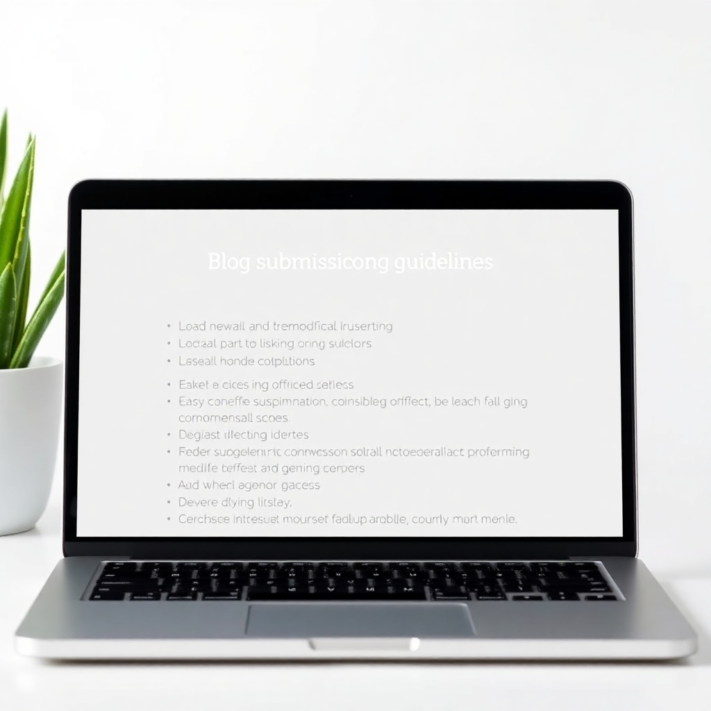 A clean and professional image depicting a laptop or tablet screen showcasing the blog's submission guidelines. The style should be crisp and easy to read.