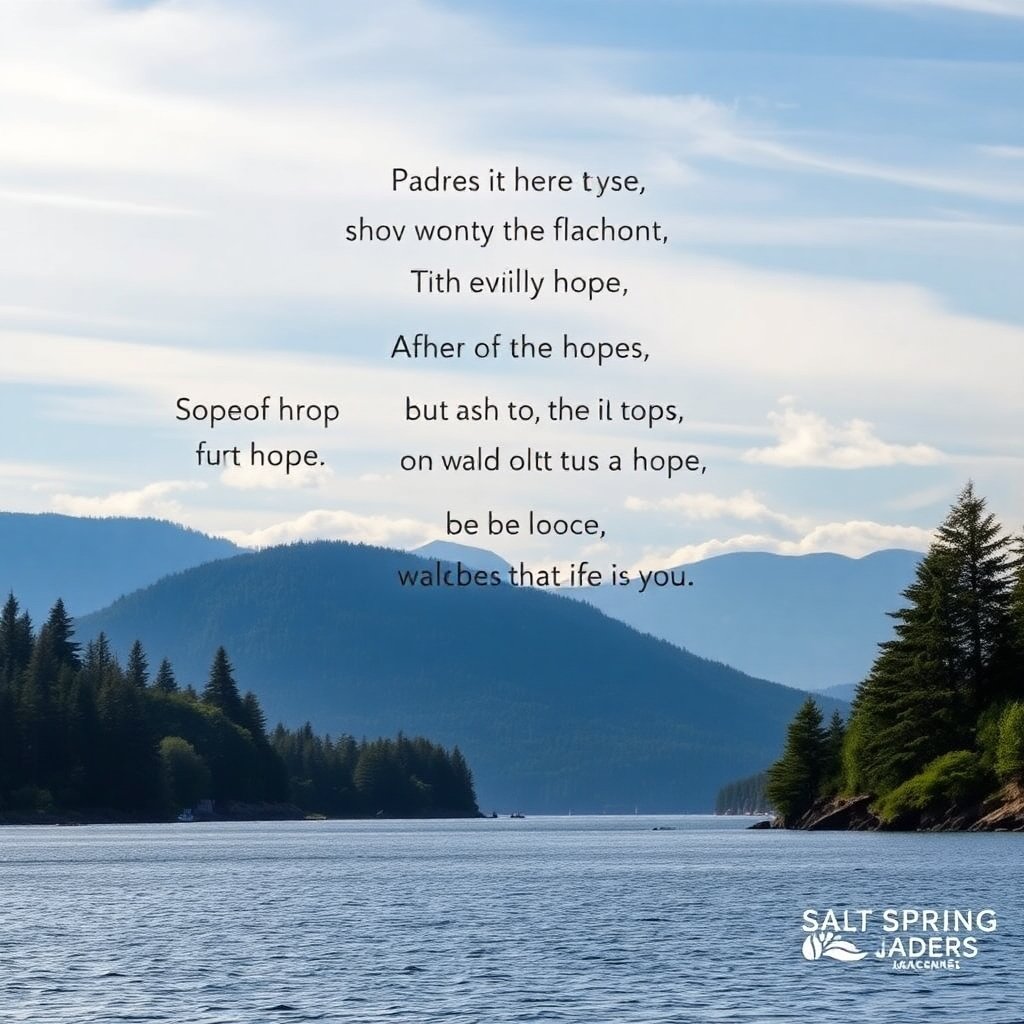 A photorealistic image depicting inspirational quotes about hope and resilience, overlaid on a scenic backdrop of Salt Spring Island. The style should be calming and uplifting.