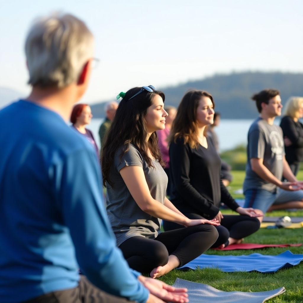 A photorealistic image of a community event focusing on mental wellness taking place on Salt Spring Island. It could be an outdoor yoga class, a meditation session, or a community gathering.