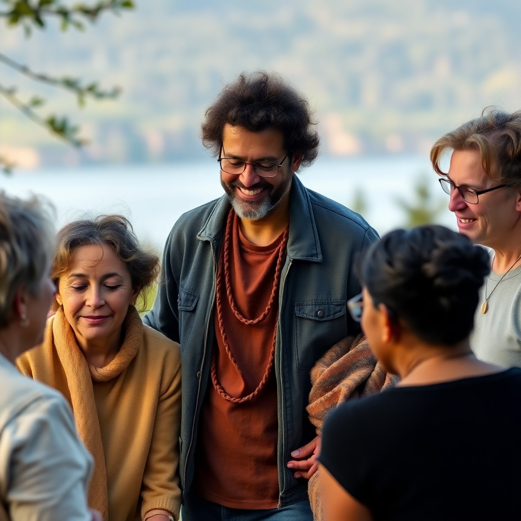 A photorealistic image of a diverse group of people participating in a supportive group therapy session outdoors on Salt Spring Island. The setting should be calming and natural, with soft, natural lighting.  The expression should show a sense of calmness, support, and connection. The image should reflect a sense of community and healing.