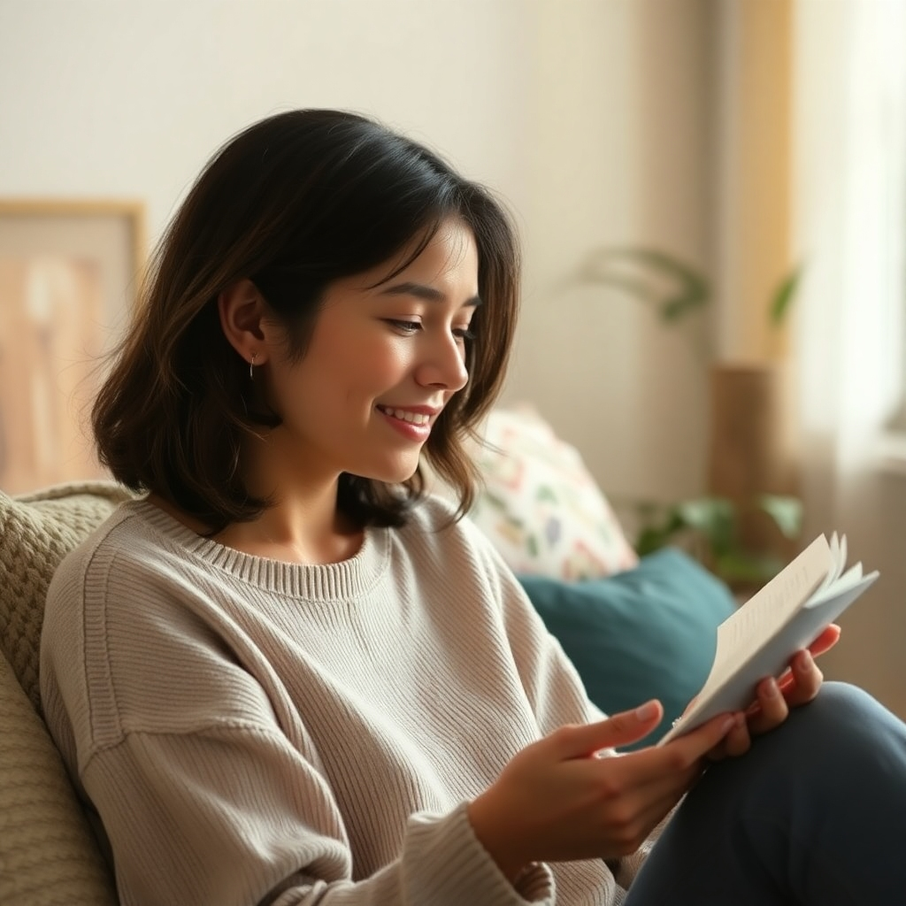 A photorealistic image of a person sharing a story and their emotional experience. Use soft, comforting colors and an inviting atmosphere.