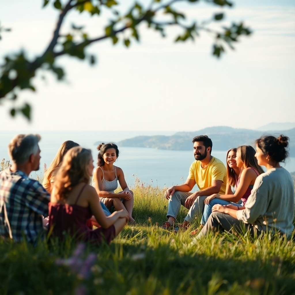 Create a photorealistic, ultra-high-quality 8K resolution image depicting a serene scene on Salt Spring Island.  The foreground should feature a group of diverse individuals sitting comfortably together in a circle, engaged in conversation but with peaceful expressions. They are in a natural outdoor setting - maybe a lush meadow overlooking the ocean or a quiet garden. The lighting should be soft and natural, with warm, inviting tones, creating a sense of calm and tranquility. The color palette should be earthy and calming with greens, blues, and soft yellows dominating.  The camera angle should be slightly elevated, providing a view that encompasses the individuals and the beautiful Salt Spring Island landscape. The texture details should be hyperrealistic, capturing the softness of the grass, the texture of clothing, and the details of the surrounding environment.  The overall scene should evoke a feeling of community, support, and peaceful reflection.  There should be subtle references to nature – possibly wildflowers, the ocean in the distance.  This should convey the essence of a supportive community built around mental wellness.  The style should be reminiscent of a high-end travel magazine or an aspirational lifestyle brand.  The image should be hyperrealistic, emphasizing depth and detail to convey a sense of peace and belonging.