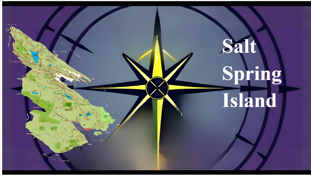 A stylized image showing a compass rose overlaid on a map of Salt Spring Island.  The compass needle points towards a bright, glowing star representing hope and help. The color palette should be a mixture of warm, calming colors, with a vibrant star as the focal point. The image should be high-resolution, with crisp lines and smooth gradients. The map should show key landmarks, subtly. Style it like a modern infographic, focusing on clarity and communication.  The overall message should be one of guidance and reassurance.