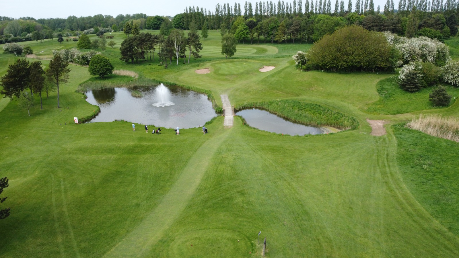 Create a photorealistic header image of the picturesque Grimsby Golf Club, showcasing a vibrant sunny day over the lush green fairways. The composition should feature a wide-angle view of the golf course, with a dynamic perspective highlighting the beautifully manicured greens, undulating hills, and a backdrop of the scenic countryside. The lighting conditions should reflect a warm, golden hour glow, casting long shadows and enhancing the rich colors of the grass. Use a color palette that blends deep greens, soft earth tones, and bright blues to evoke a sense of tranquility and joy. Include environmental elements such as blooming flower beds, strategically placed trees, and the distant silhouette of clubhouse architecture. Relevant props could include a group of diverse golfers in action—swinging clubs, putting, and enjoying the sport. The style reference should embody hyperrealism, aiming for an 8K resolution to capture intricate details, textures of the grass and skin tones, and the overall vibrant atmosphere of a lively golf day at Grimsby Golf Club., ultra high resolution, photorealistic, 8K, hyperdetailed, cinematic lighting