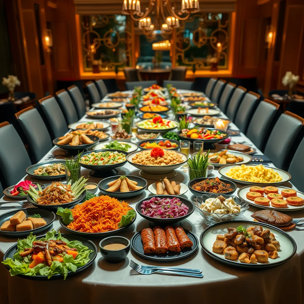 A beautifully arranged banquet table featuring an assortment of diverse dishes, elegantly presented, including gourmet appetizers, colorful salads, delectable main courses, and a variety of desserts, all set in an upscale dining environment with warm, ambient lighting.