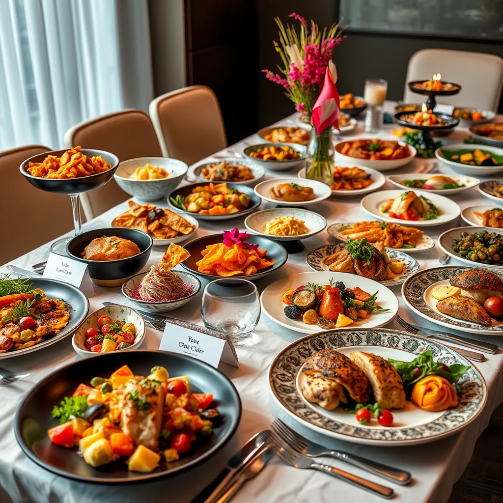 A beautifully arranged dining table featuring a variety of elegantly presented dishes, from gourmet appetizers to exquisite entrées, with vibrant colors and unique plating styles. The setting includes personalized place cards and thematic decorations, showcasing the customization options of professional catering.