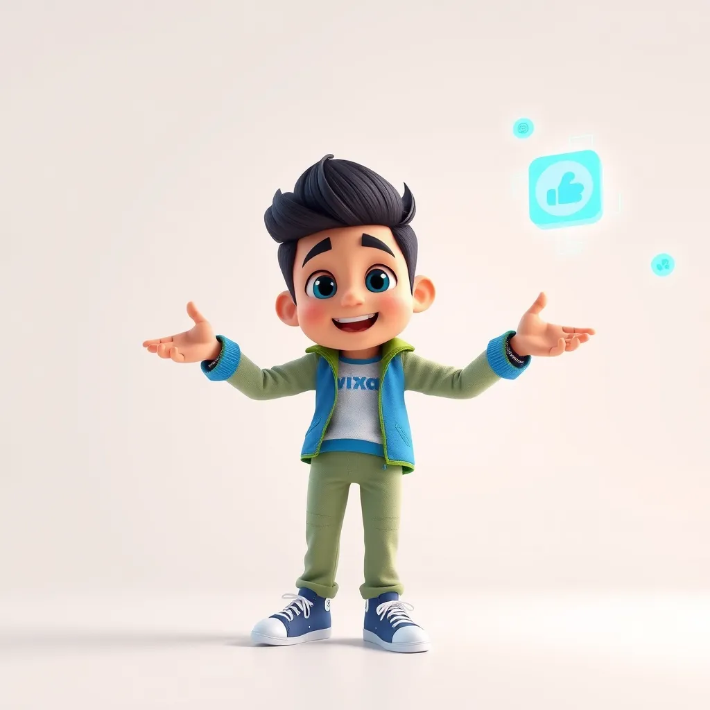 A bright and colorful animated scene showcasing a charismatic animated spokesperson in a dynamic pose, set against a clean white background. The character is styled to embody a friendly and approachable persona, dressed in a smart-casual outfit to reflect modern branding. The lighting is soft and diffused, highlighting the character's features while creating a welcoming ambiance. The color palette includes vibrant and playful hues, with blue and green accents to symbolize creativity and innovation. The perspective is slightly elevated, providing a sense of interaction with the audience. Include elements of technology, such as floating icons or digital effects that represent connection and communication. The style should be playful and captivating, reminiscent of contemporary animated series. The final output should be in 8K resolution, hyperrealistic, and ultra-detailed.