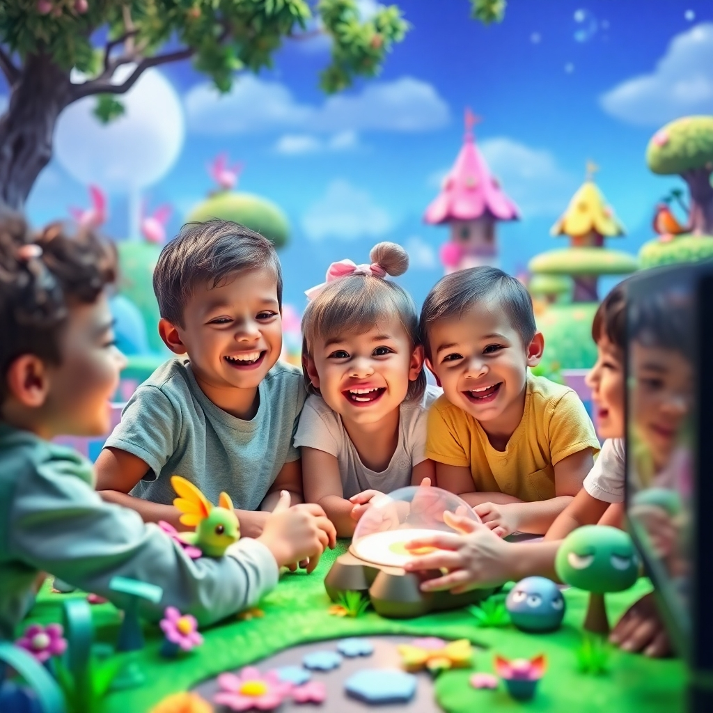 A bright, colorful scene of young children playing a fantasy-themed video game, surrounded by whimsical landscapes and customizable characters. The children are laughing and expressing joy as they engage in creative gameplay, with elements like dragons, fairies, and magical trees in a lively digital world.