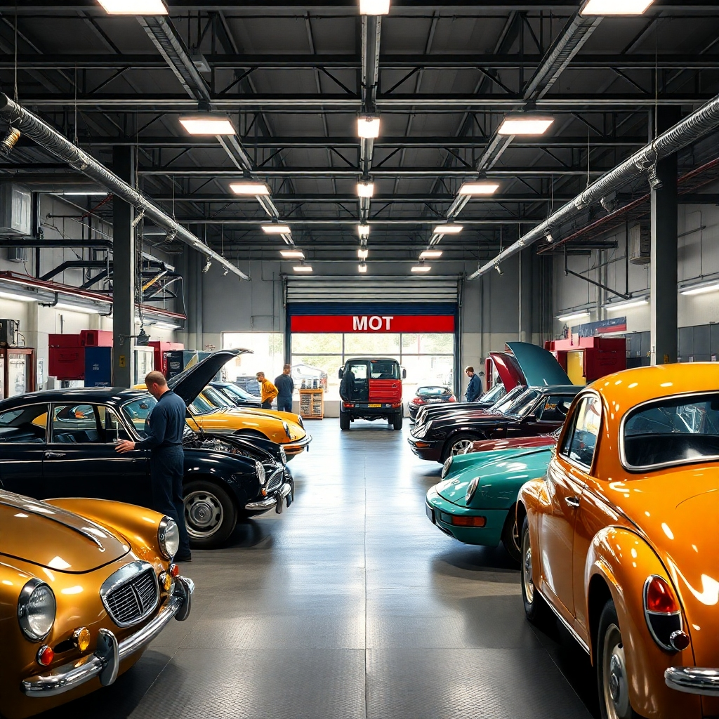 A bustling automotive service center scene, featuring mechanics doing vehicle servicing, an MOT station in action, and classic vehicles in various stages of restoration. The image should capture the full range of services provided, with high attention to detail and professional atmosphere.