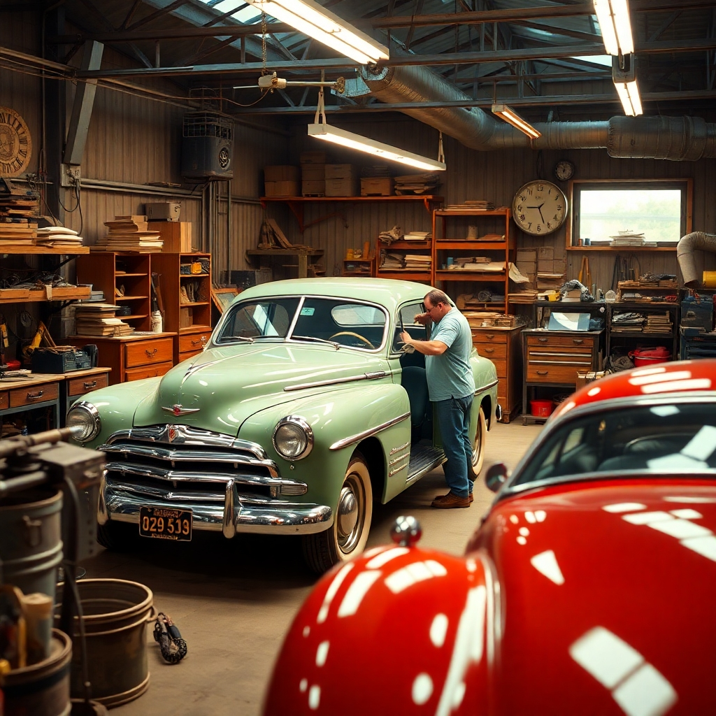 A bustling workshop filled with vintage cars undergoing restoration. Highlight a classic vehicle being worked on by a skilled mechanic, surrounded by tools and parts, with rich colors, details of the vehicle’s features, and a warm, inviting atmosphere.
