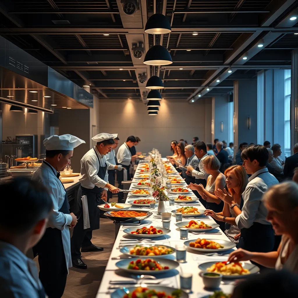 A busy event being effortlessly managed by a catering team, where chefs are seen preparing food in a sleek kitchen while staff serve meals at a long banquet table. Guests are enjoying their time, with a visible sense of ease and joy, illustrating the hassle-free nature of professional catering.