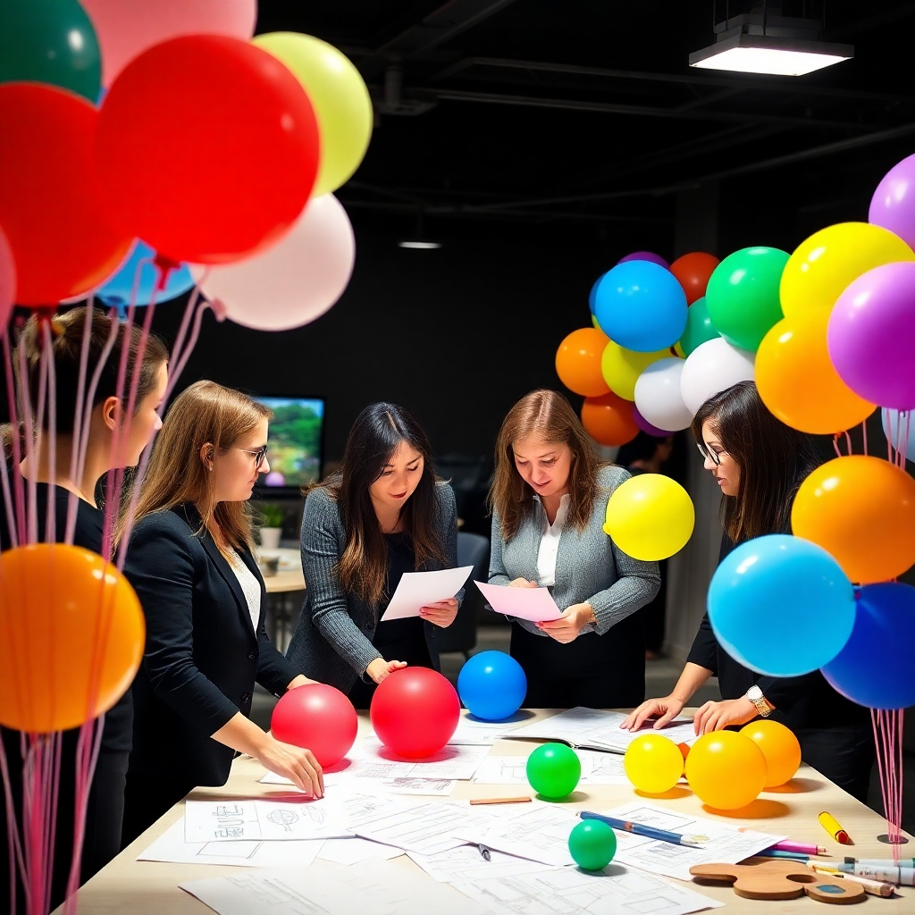 A captivating scene where a group of professional planners are seen brainstorming balloon decoration ideas for a corporate event. The workspace is filled with samples of balloons in varying colors and sizes. The atmosphere is collaborative and creative, with design sketches scattered around. The lighting is bright and focused, highlighting the colorful materials. The imagery should evoke inspiration and dedication towards crafting beautiful occasions, portraying the essence of customization in event planning.