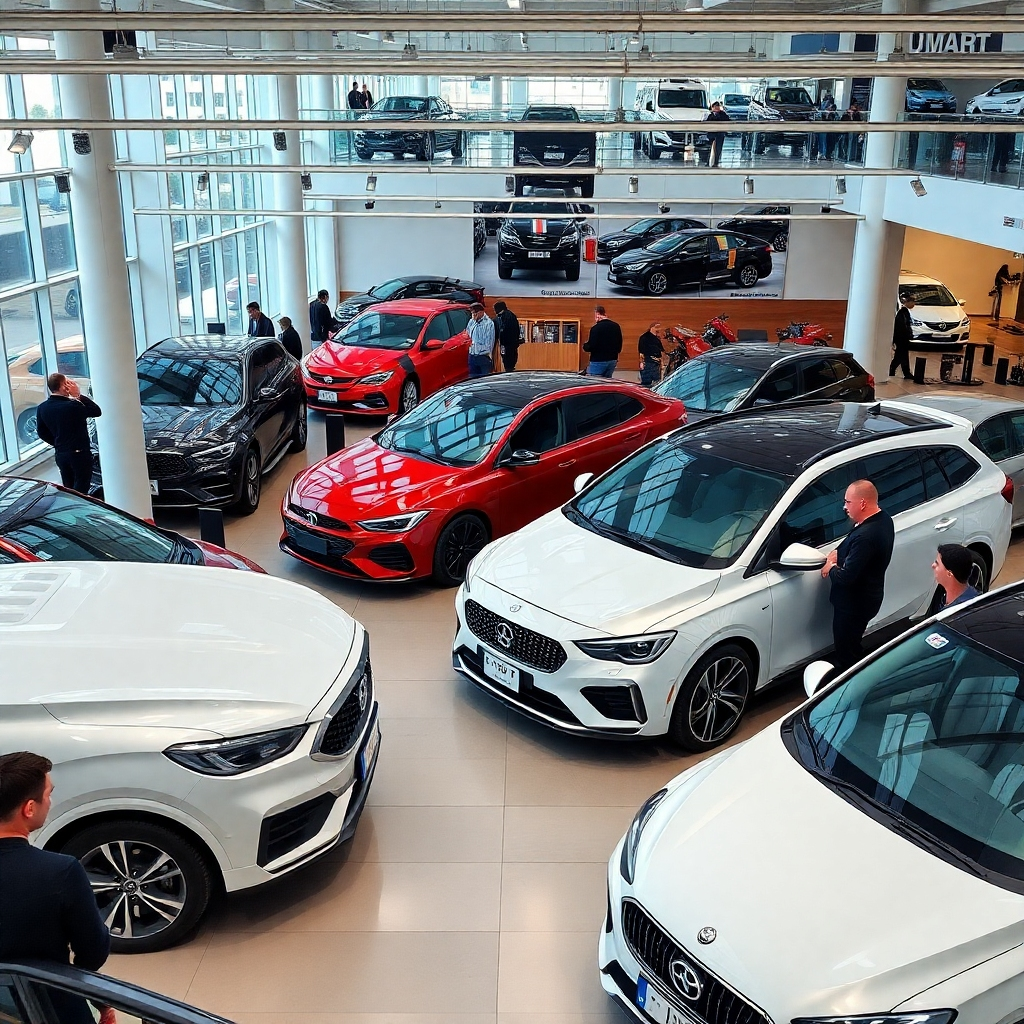 A vibrant image of a diverse selection of used vehicles in a well-maintained lot. The scene should include customers being guided by friendly staff, examining cars, with banners displaying special offers, reflecting a customer-focused atmosphere in vehicle sales.