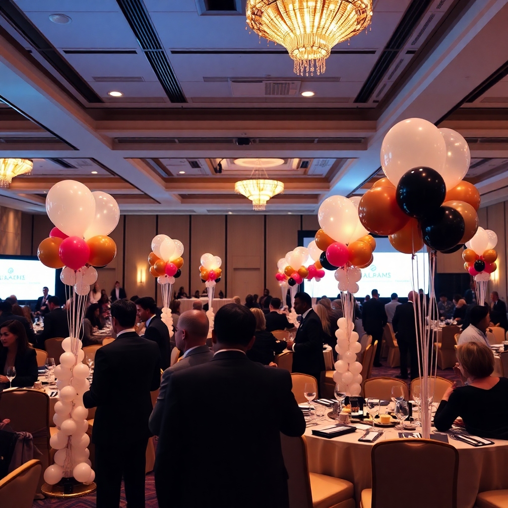 A chic corporate event scene where elegant balloon decor enhances a business conference. The camera captures a wide angle of the room showcasing sophisticated arrangements that complement the corporate branding and colors. The lighting is professional yet warm, creating an inviting atmosphere for networking. This setting should reflect professionalism while still conveying the fun and creativity that Baloonable Events brings to corporate celebrations.