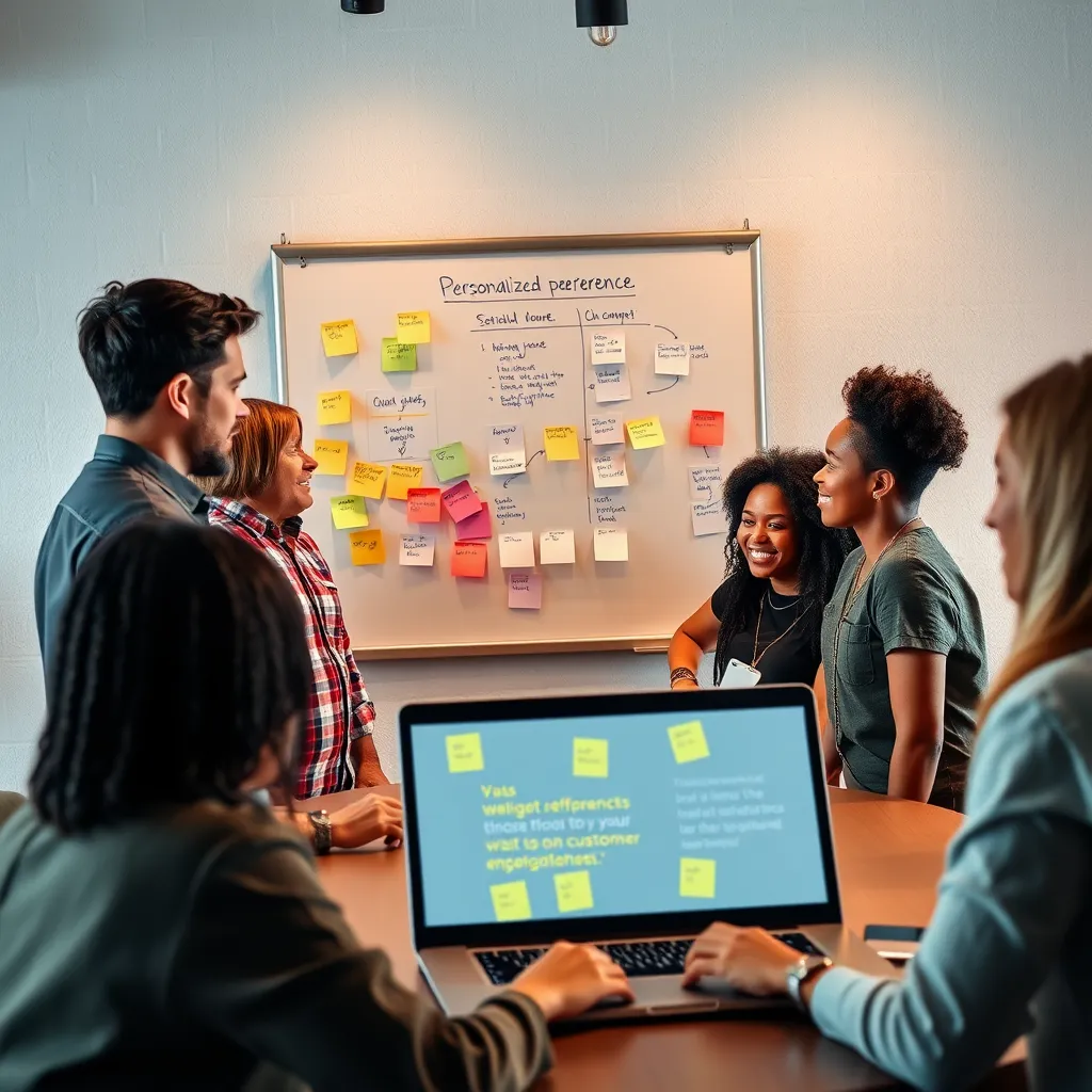 A close-up of a team meeting with a diverse group of individuals discussing personalized customer experiences. Visuals include sticky notes and charts on a whiteboard, and a laptop showing positive customer feedback quotes. The atmosphere is collaborative and focused on client satisfaction.