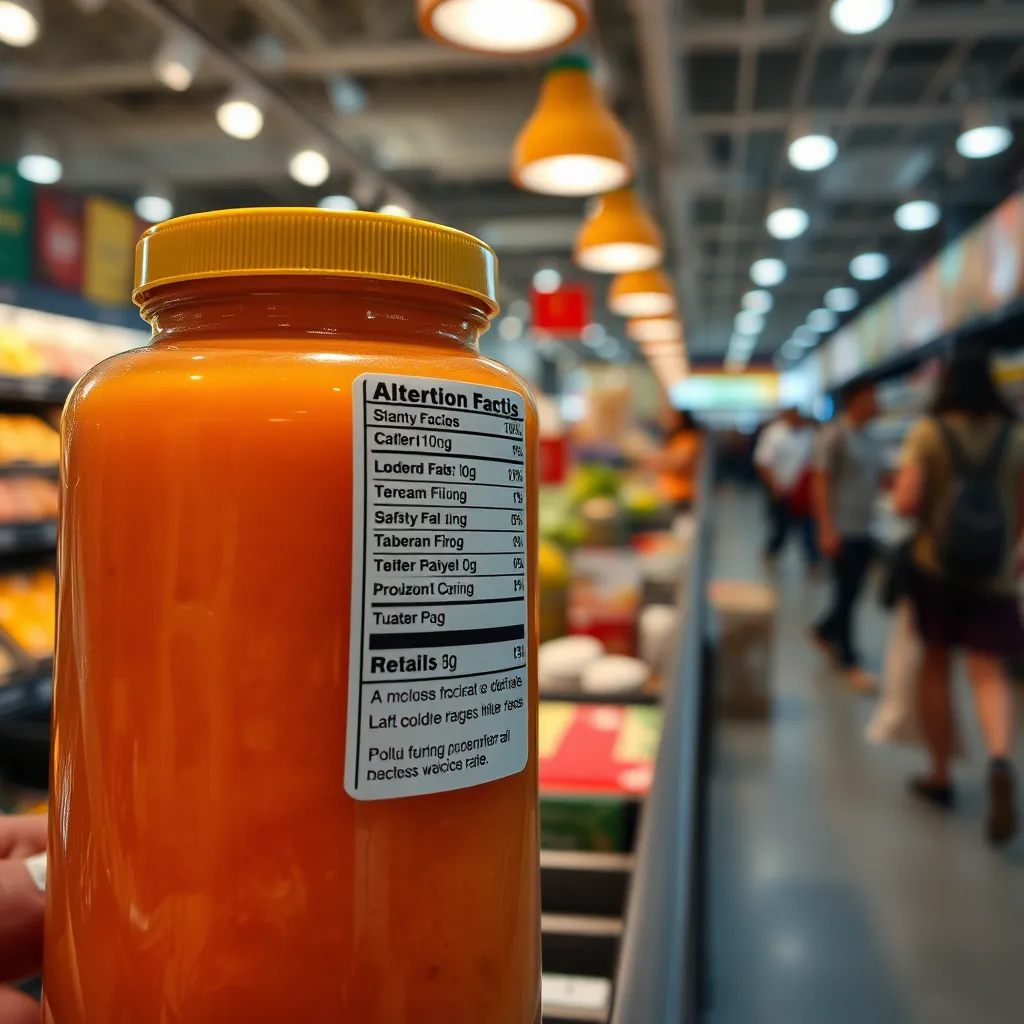 A close-up shot of a food product with a clear, well-designed allergen label displayed prominently next to it. The setting should be a retail food outlet with people shopping in the background, emphasizing the importance of safety in food labeling.