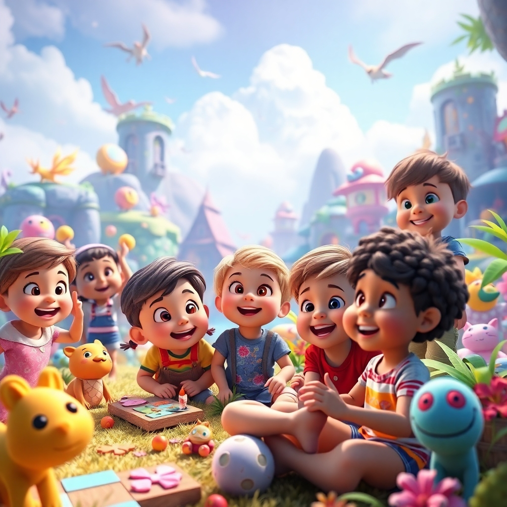 A colorful game scene featuring a diverse group of animated children aged 5 to 8, joyfully interacting with a magical landscape filled with playful creatures, puzzles, and vibrant colors. The children appear enthusiastic and curious, showcasing various expressions of excitement and wonder.