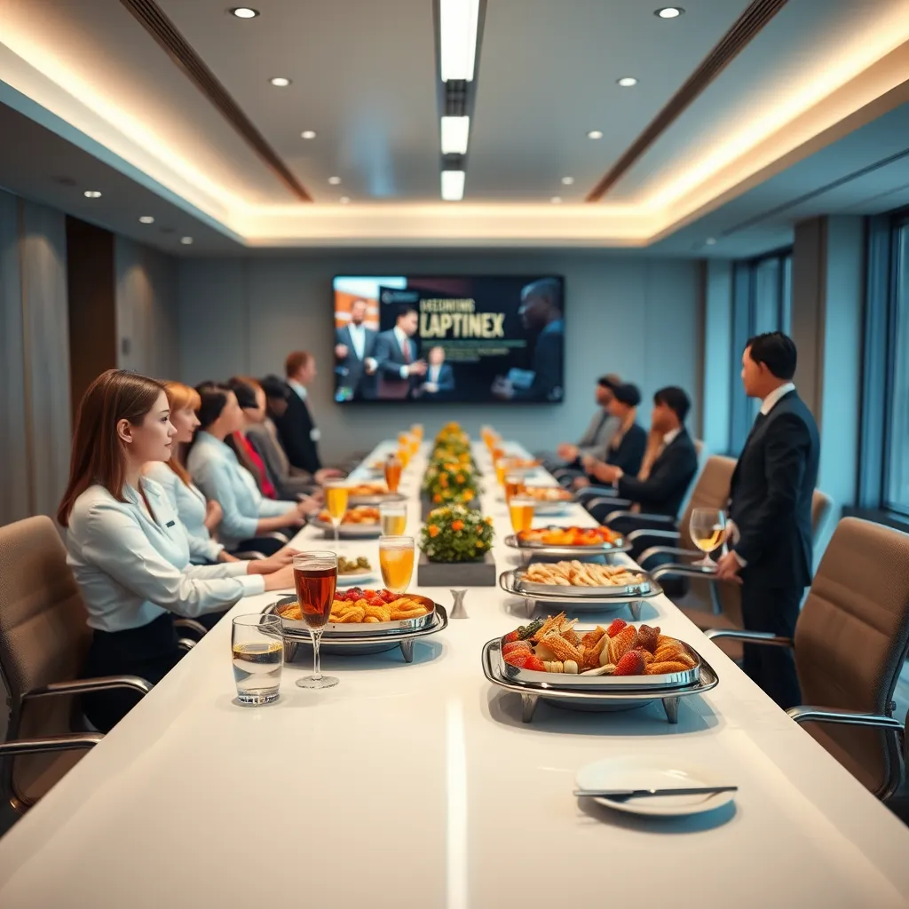 A corporate meeting room with a sleek, modern design, featuring a long conference table set with elegant catering trays filled with upscale finger foods, neatly arranged beverages, and professional servers attending to executives, with a large screen in the background displaying a presentation.