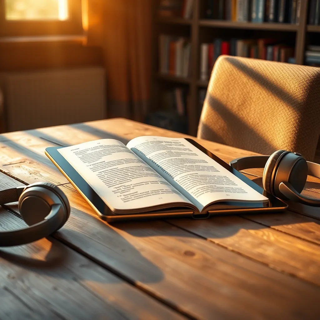 A cozy and inviting scene depicting a beautifully designed e-book lying open on a modern tablet placed on a rustic wooden table. The setting is warmly lit with golden hour sunlight streaming through a nearby window, casting gentle shadows. On one side, an inviting pair of headphones rests to represent the audiobook option, suggesting a comfortable listening environment. The color palette includes earthy tones – warm browns, soft yellows, and hints of green – evoking a sense of learning and exploration. In the background, a well-organized bookshelf hints at an array of informative literature. The layout should convey a scholarly yet approachable mood. Style references include a blend of hyperrealistic and illustrative qualities. The final image should be rendered in ultra-high quality and detail, emphasizing textures of the wood and the sleekness of the tablet in 8K resolution.