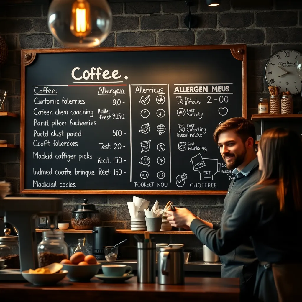 A cozy coffee shop setting with a chalkboard menu prominently displaying allergen icons next to food items. Include a barista interacting with a customer, pointing out allergen information, creating an inviting and informative atmosphere.