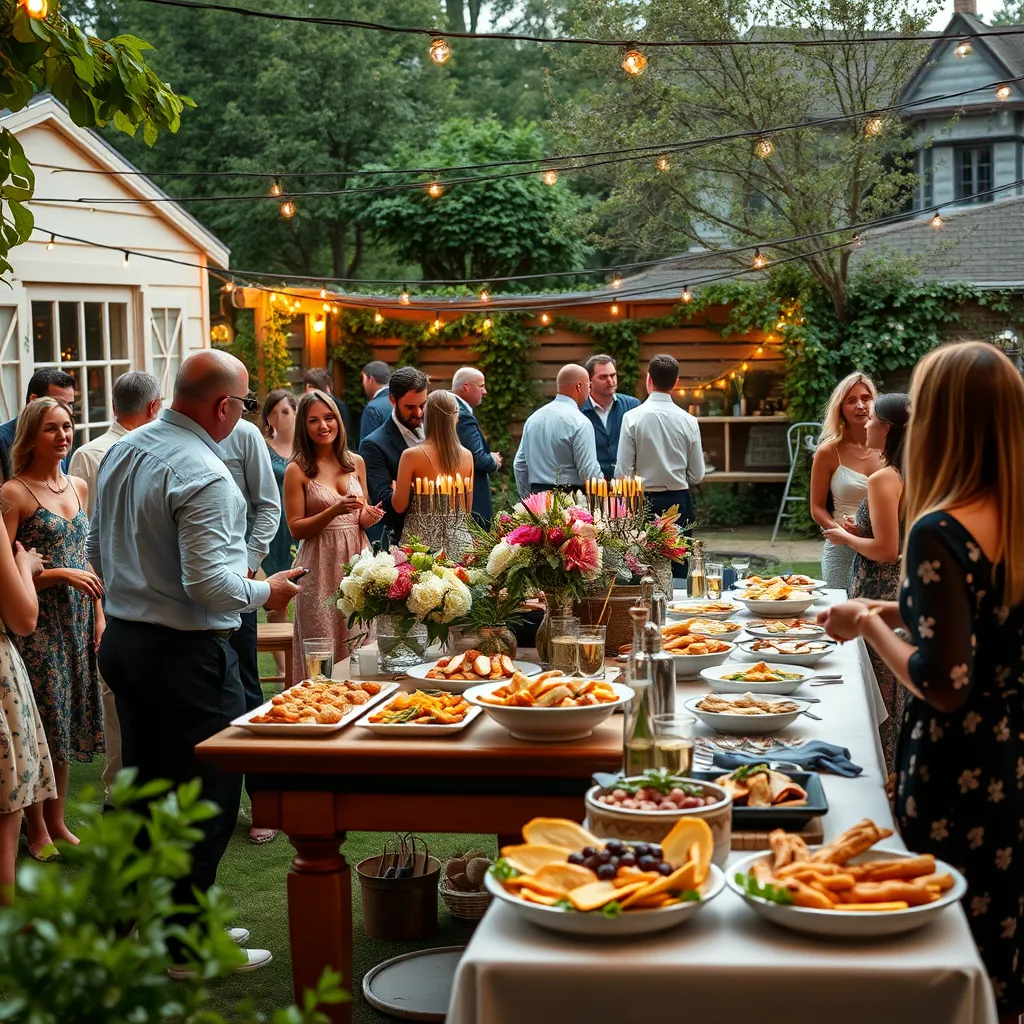 A cozy outdoor garden party scene with guests mingling, featuring a central buffet table adorned with floral arrangements and thematic decorations, offering an assortment of boutique-style catering dishes, with a server engaging with guests, under soft string lights.