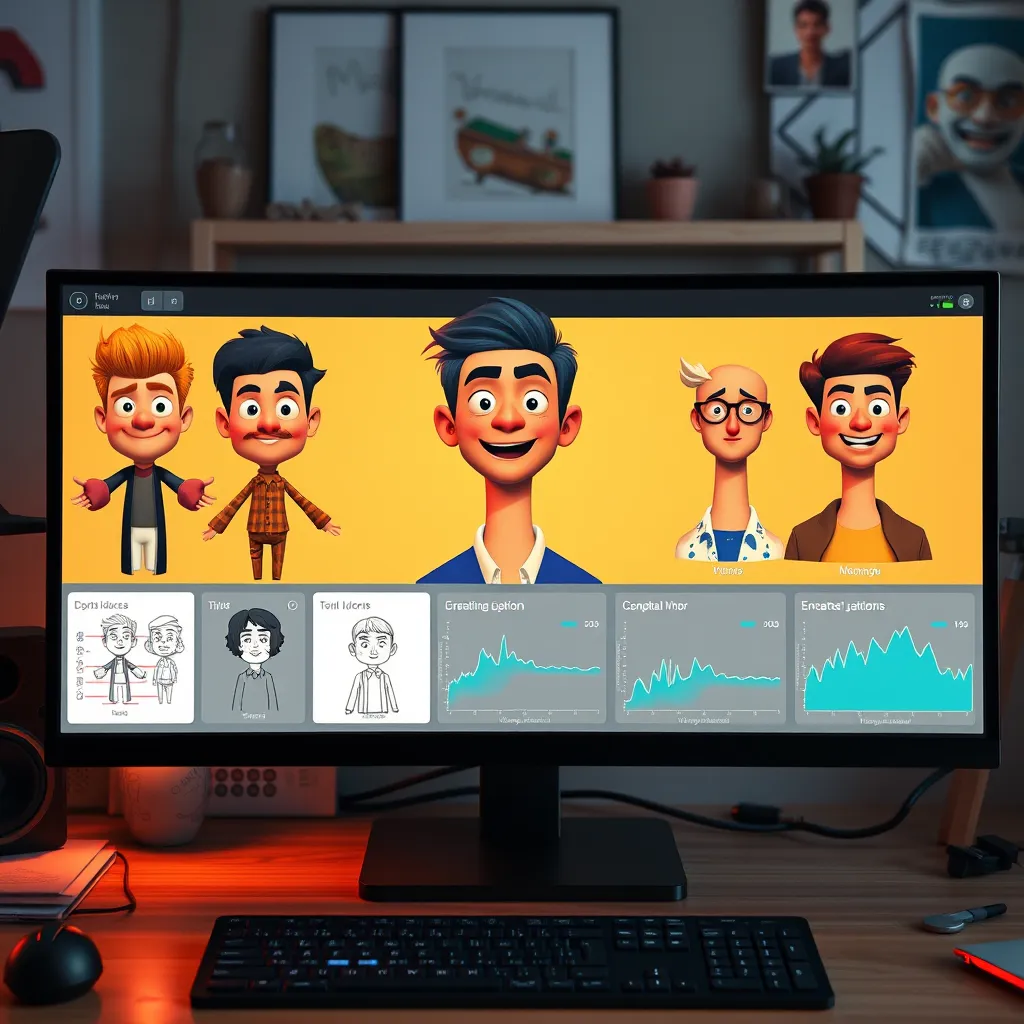 A creative workspace showcasing a digital character design on a computer screen alongside multiple voiceover options displayed graphically. The characters vary in appearance, style, and ethnicity, reflecting diverse audiences. Include design sketches, voice modulation graphs, and vibrant colors.