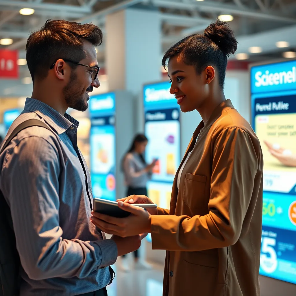 A customer interaction scene in a retail setting featuring a business representative using a tablet to analyze customer preferences. The background showcases personalized promotions on digital kiosks, representing the use of technology in enhancing customer experiences.