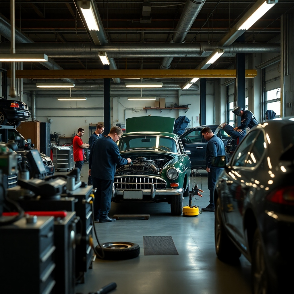 A detailed image of a busy automotive service workshop, showcasing technicians working on various vehicles. Highlight tools, equipment, and a classic vehicle being restored, with mechanics attentively focusing on their tasks, illustrating professionalism and comprehensive services.