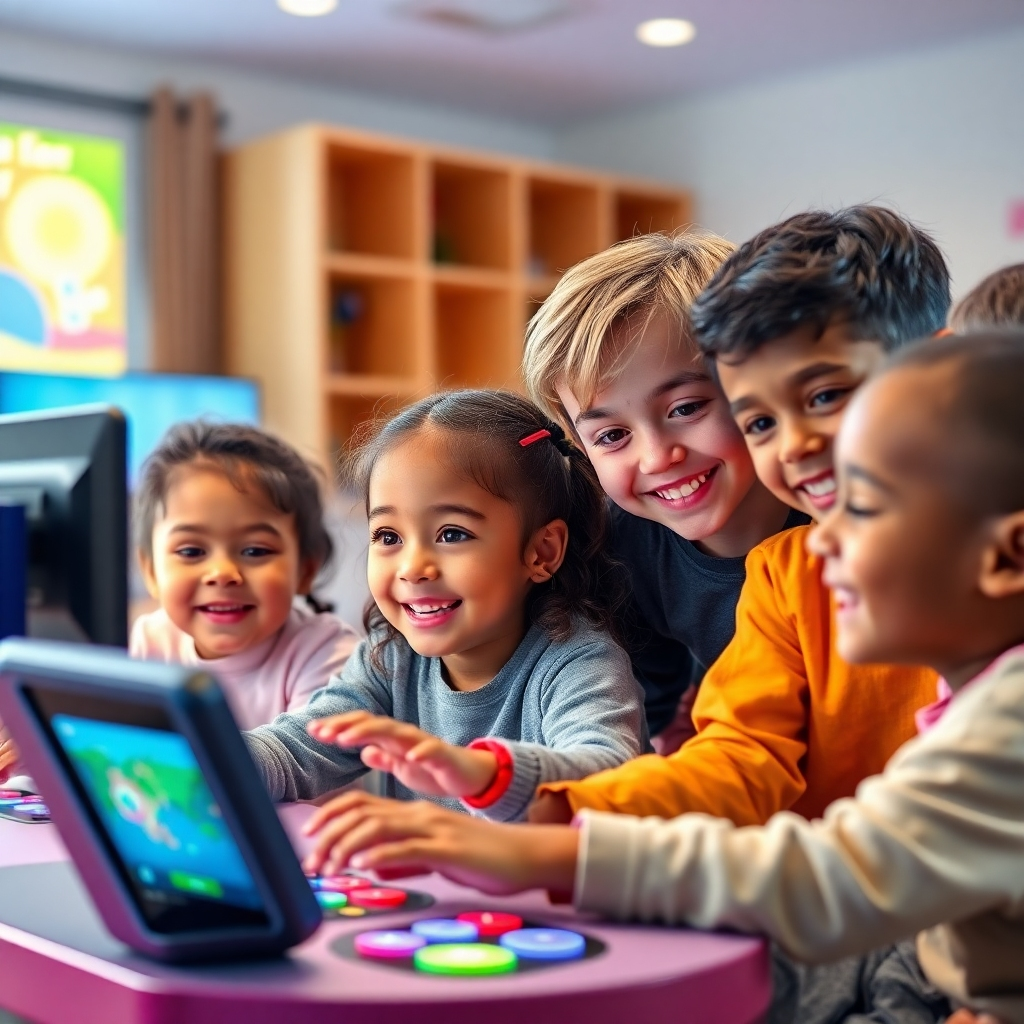 A diverse group of children aged 5-8 years old playing a colorful, interactive video game together. The scene shows children of different ethnic backgrounds smiling and cooperating, with user-friendly interfaces displayed on their screens, in a bright and cheerful room.