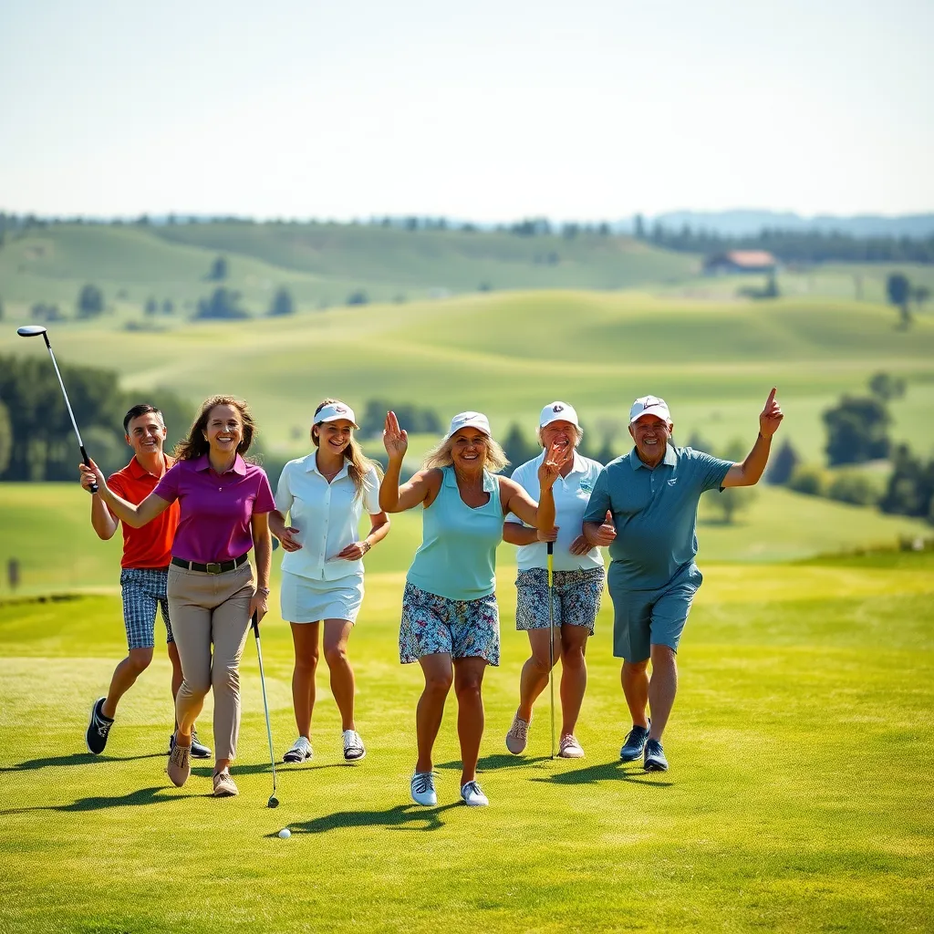 A diverse group of golfers, including young players, women, and seniors, playing on a lush, green golf course at Grimsby Golf Club. The scene should convey a sense of community and joy, with wide smiles and enthusiastic gestures, in bright afternoon sunlight with rolling hills in the background.