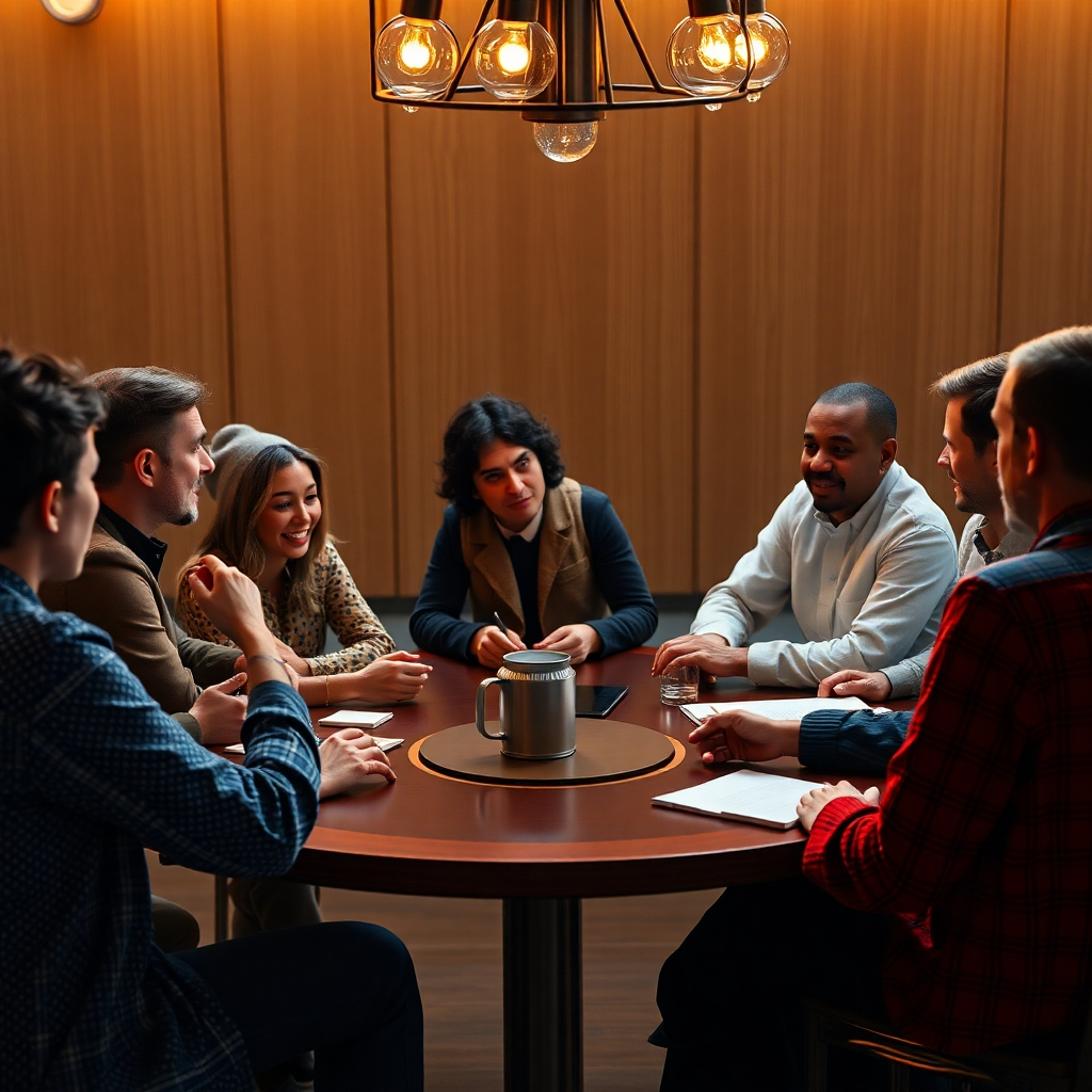 A diverse group of people in a roundtable discussion setting, showcasing individuals from various backgrounds sharing their stories. An AI interface is visible, symbolizing technology facilitating communication, with an atmosphere of support and understanding.