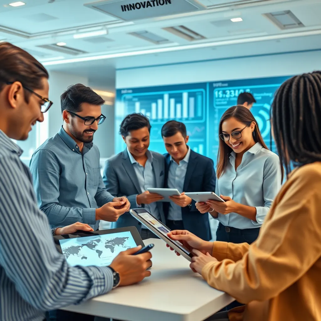 A diverse team of professionals in a modern office, engaged in a collaborative session using innovation software on digital tablets and screens. The room is bright and open, with charts and creative visuals on the walls, symbolizing teamwork and technology.