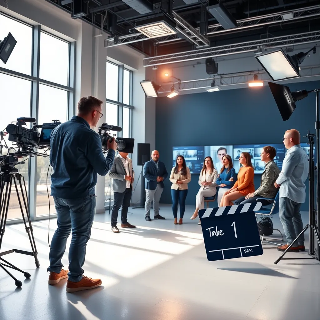 A dynamic and lively production scene capturing a high-tech studio environment where video explainers are being created. The composition features a filmmaker directing a diverse group of presenters during a video shoot. Natural light from large windows illuminates the set, combined with professional studio lighting creating a bright ambiance. The color palette leans towards modern aesthetics with shades of blue and white, fostering a professional yet approachable mood. Various camera angles suggest movement and interaction, with equipment like cameras, boom microphones, and screens showing video timelines. Textures of fabric from the presenters’ outfits and the sleek finish of the studio create an inspiring workspace. Elements such as a digital slate with ‘Take 1’ handwritten on it add authenticity. This ultra-detailed and hyperrealistic image should be created in 8K resolution, capturing the excitement of video production.