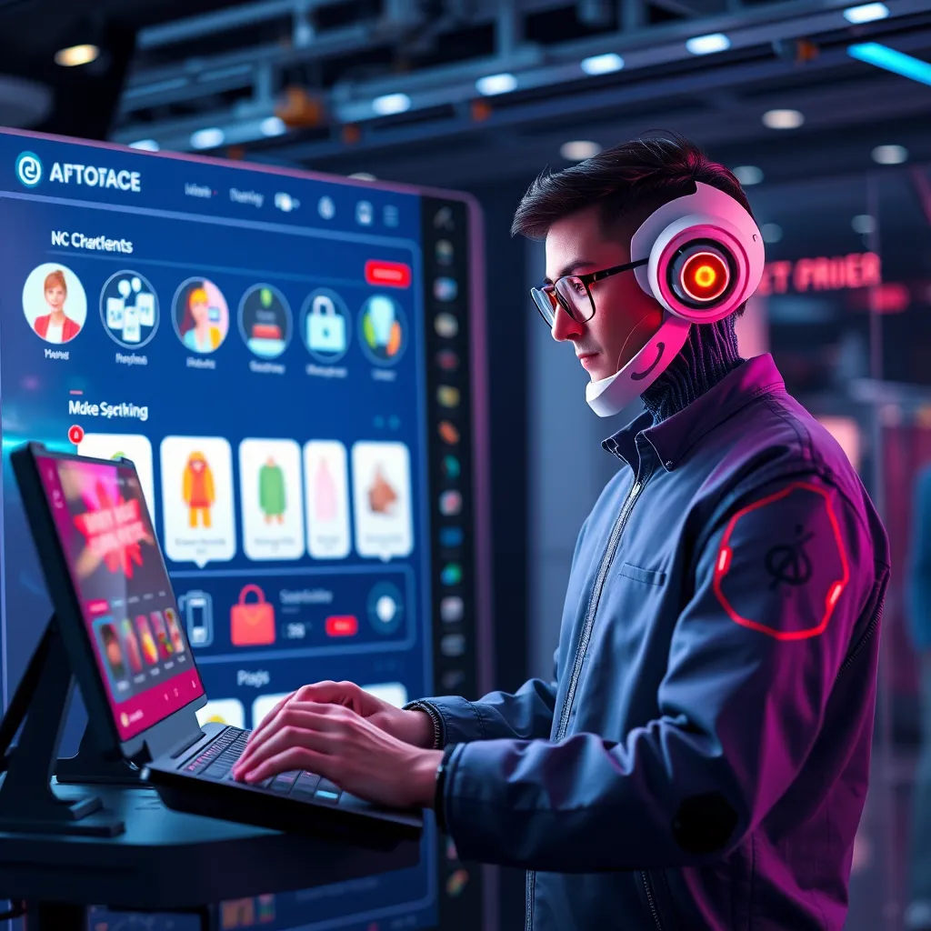 A dynamic e-commerce website interface displaying a virtual shopping assistant chatbot interacting with a customer. Include visuals of various products, engagement icons, and digital notifications for deals, set against a high-tech background of an online shopping platform.